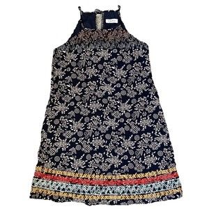 THML XS Dress Navy Blue Embroidered Sleeveless Boho Keyhole Closure Tassel